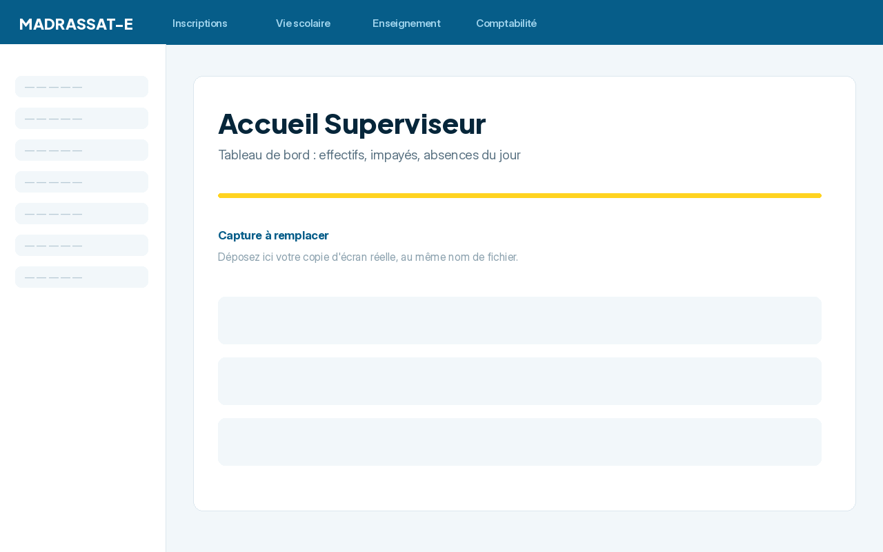 Accueil Superviseur — Effectifs, impayés et absences du jour en un écran.