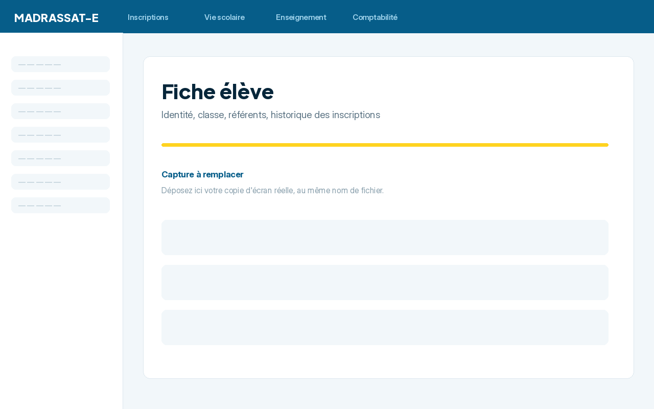 Fiche élève — Identité, classe, référents, historique des inscriptions.