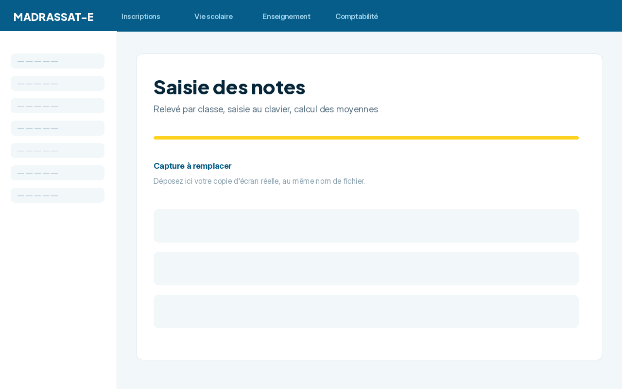 Saisie des notes — Relevé par classe, saisie au clavier, moyennes calculées.
