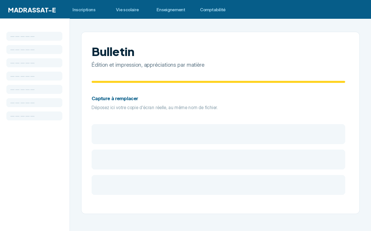 Bulletin — Édition et impression, appréciations par matière.