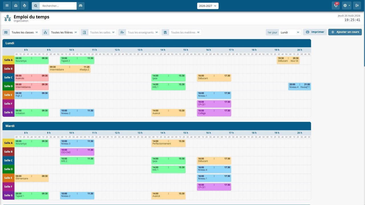 Emploi du temps — La semaine par salle et par créneau, filtrable par classe, filière, salle, enseignant ou matière. Impression du planning général ou de celui d'une seule classe, filière, salle ou enseignant.