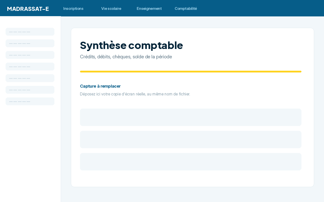 Synthèse comptable — Crédits, débits, chèques, solde de la période.