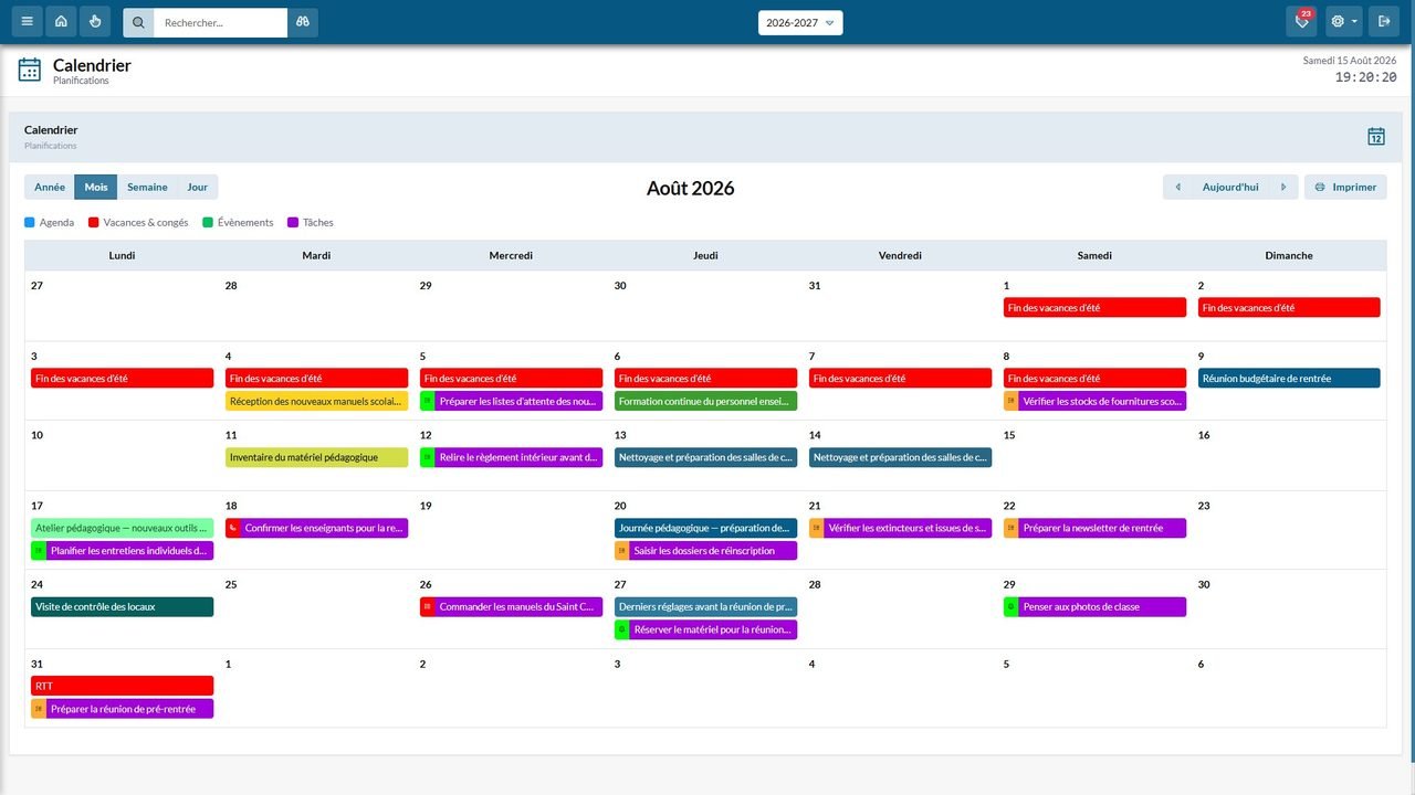 Calendrier — Agenda, vacances, évènements et tâches réunis sur une même vue mensuelle.